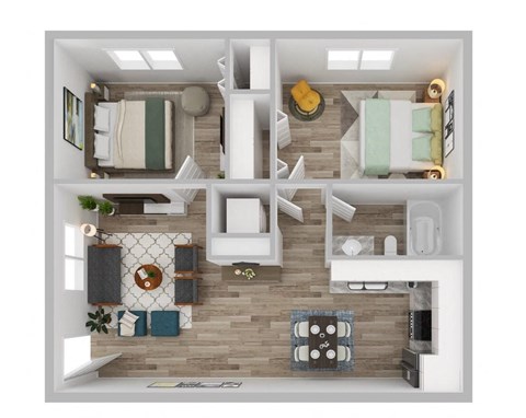 Floor plan for 2 beds, 1 bath, 638 sqft